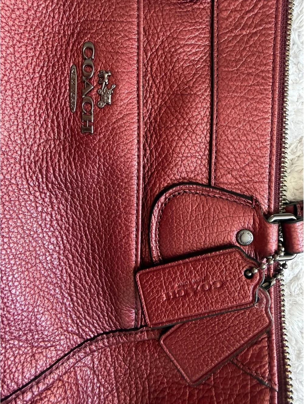 Coach Mickie Satchel Pebbled Leather Bag with Adjust Strap in Metallic Cherry
